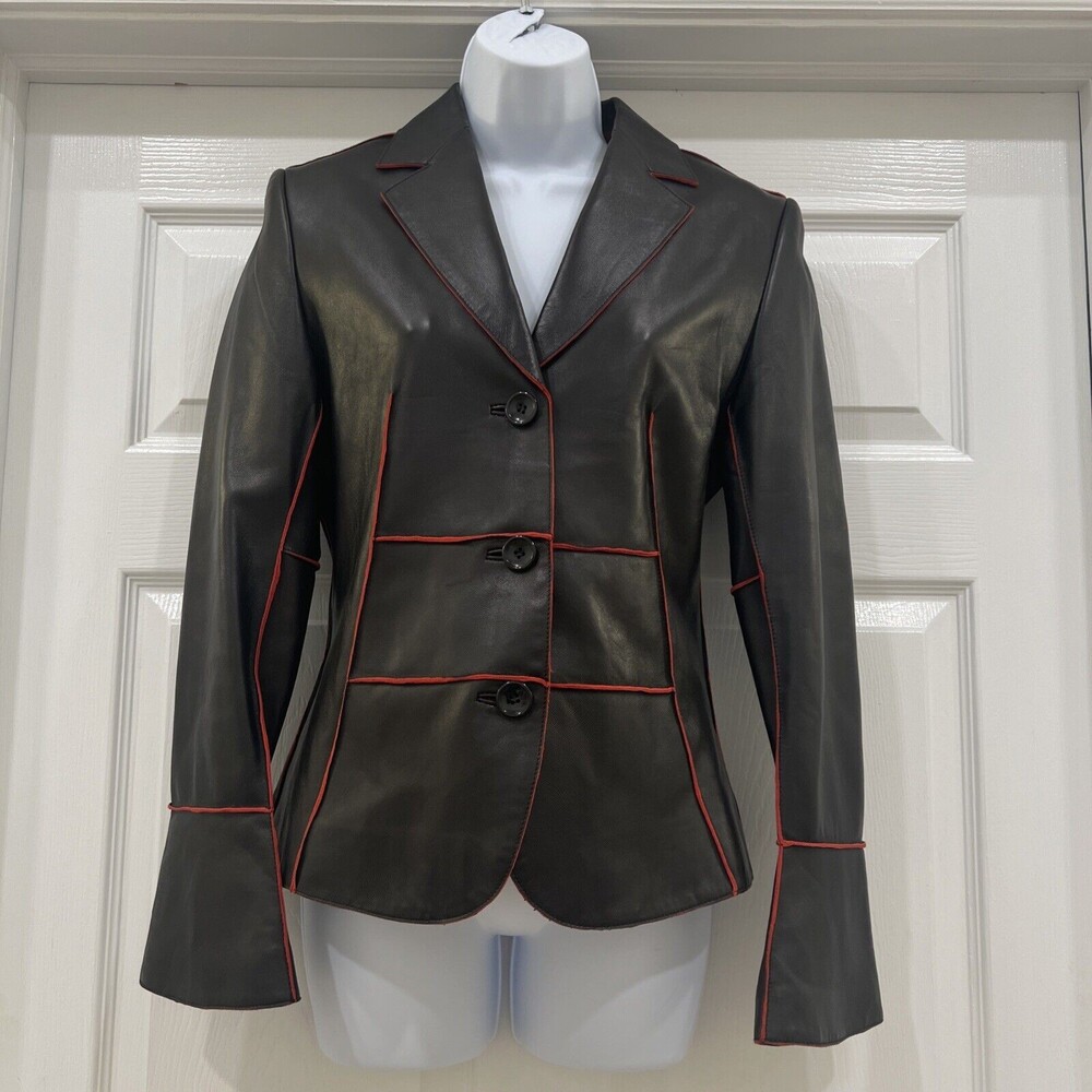 NWOT Ambition New York Sz XS Extra Small Black Leather Jacket Red Trim